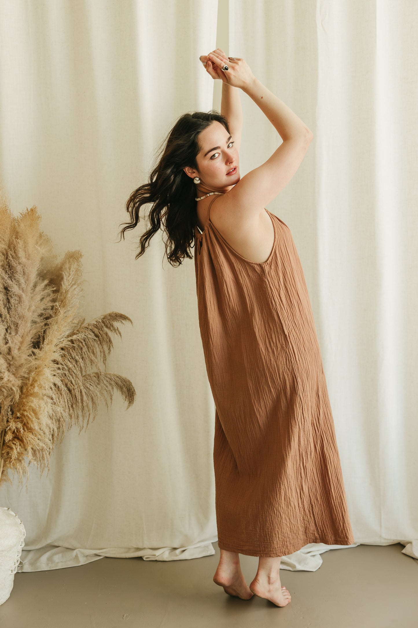 Ruched Neck Cotton Gauze Dress