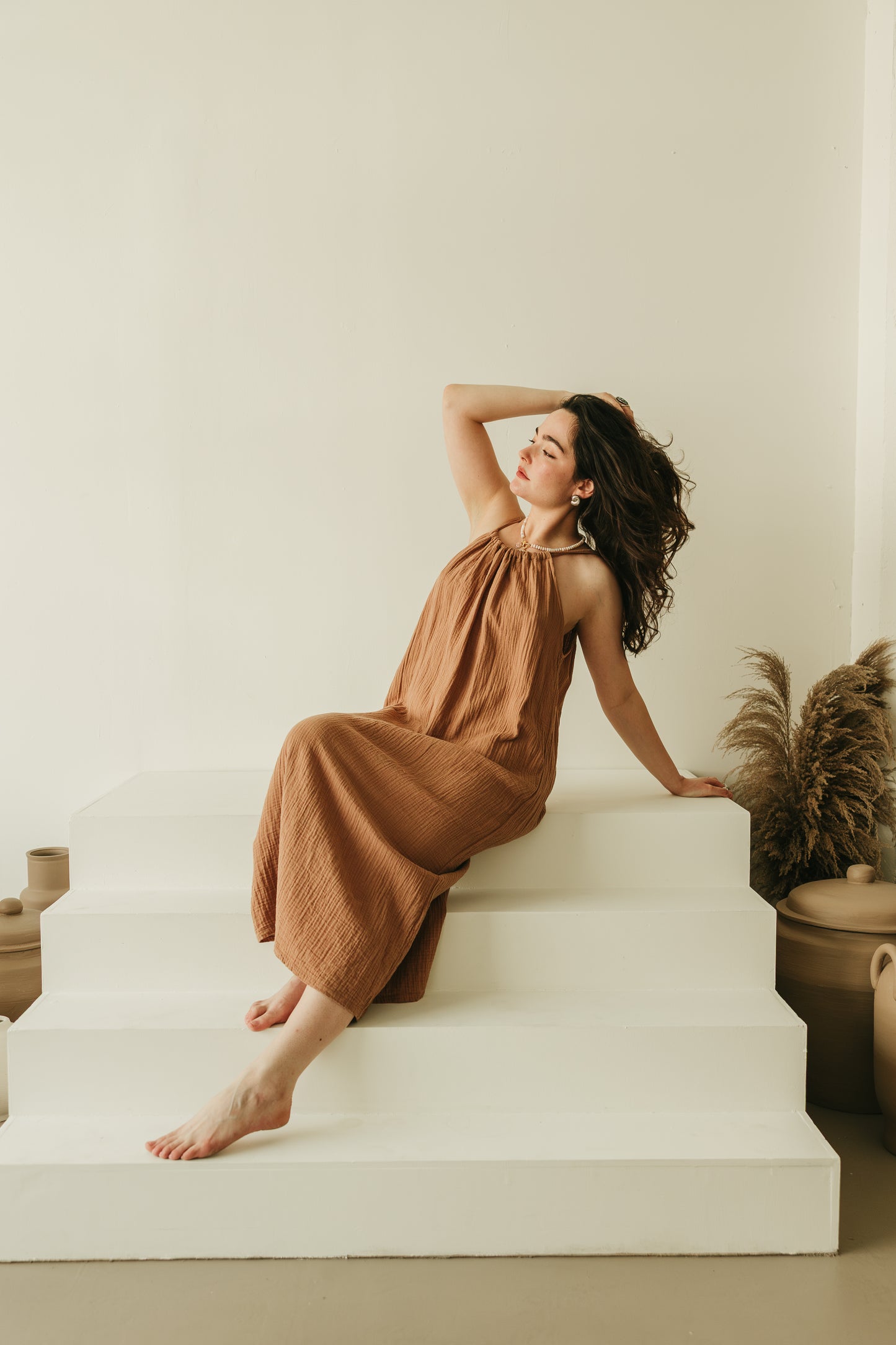 Ruched Neck Cotton Gauze Dress