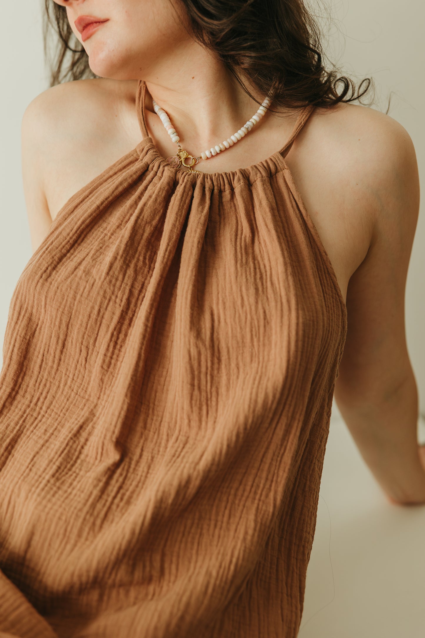 Ruched Neck Cotton Gauze Dress