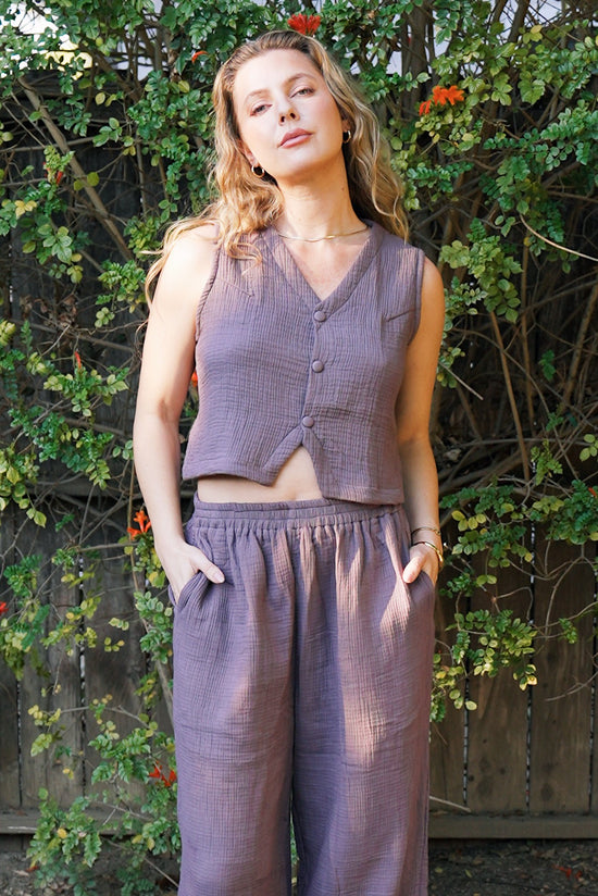 Triple Layer Cotton Gauze Pull-On Pant Eggplant
