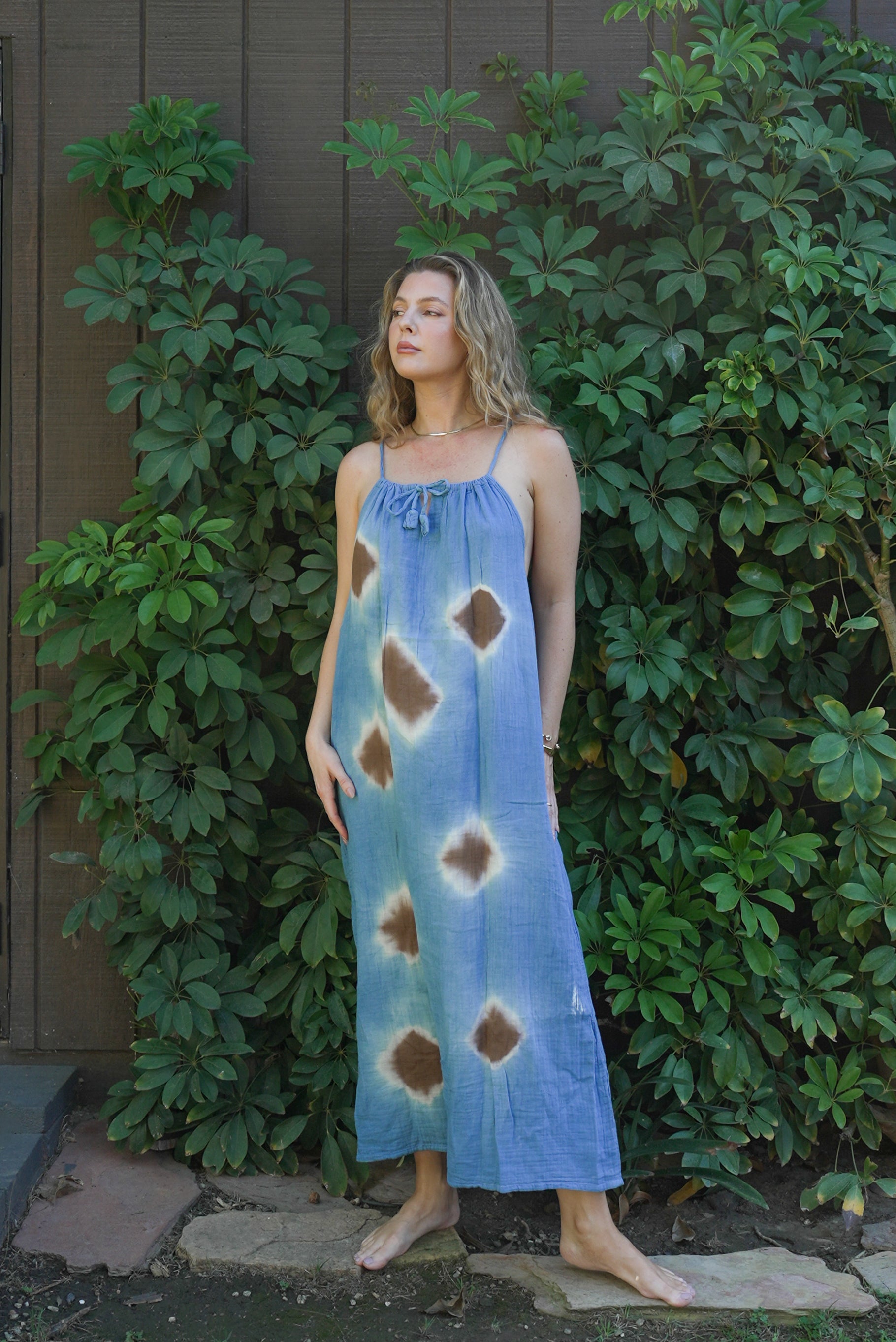 Ruched Neck Cotton Gauze Maxi Dress