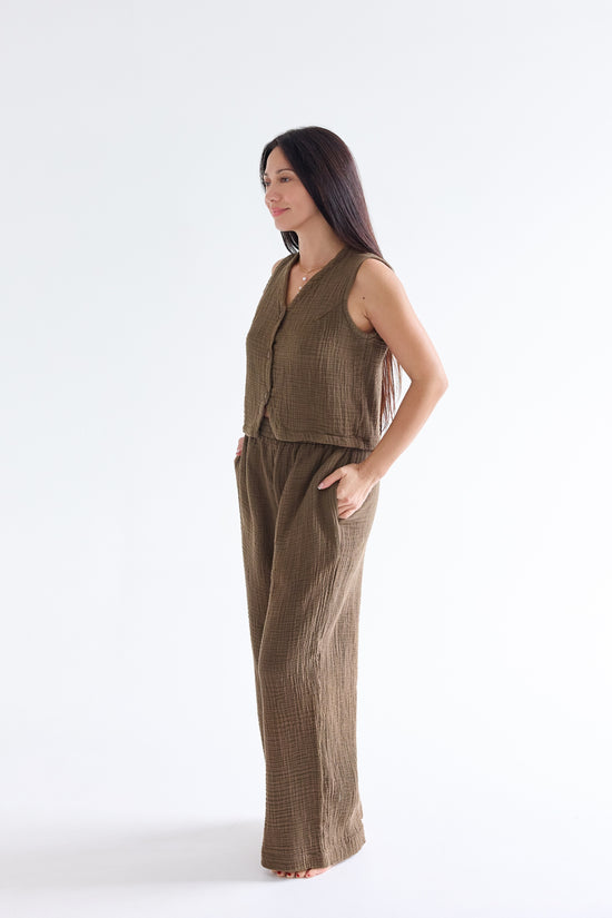 Triple Layer Cotton Gauze Pull-On Pant Dark Olive