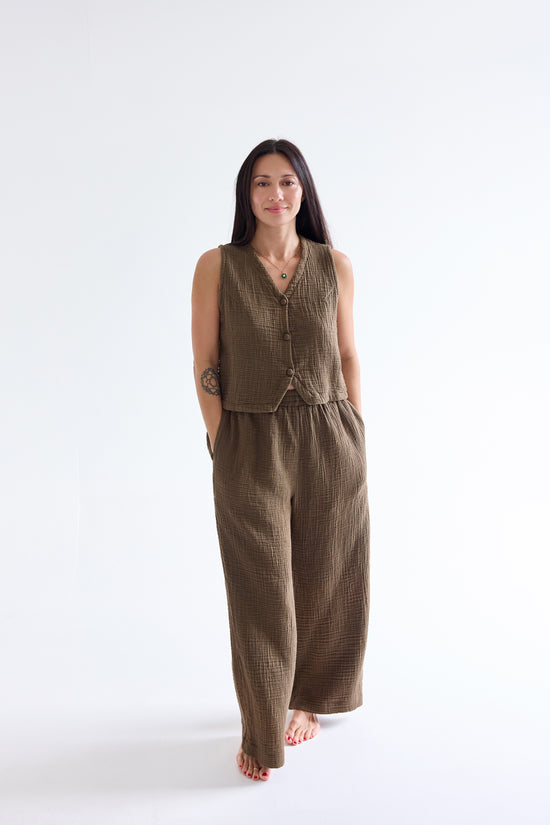 Triple Layer Cotton Gauze Pull-On Pant Dark Olive
