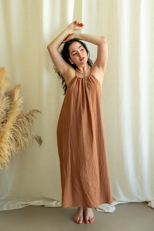 Ruched Neck Cotton Gauze Dress