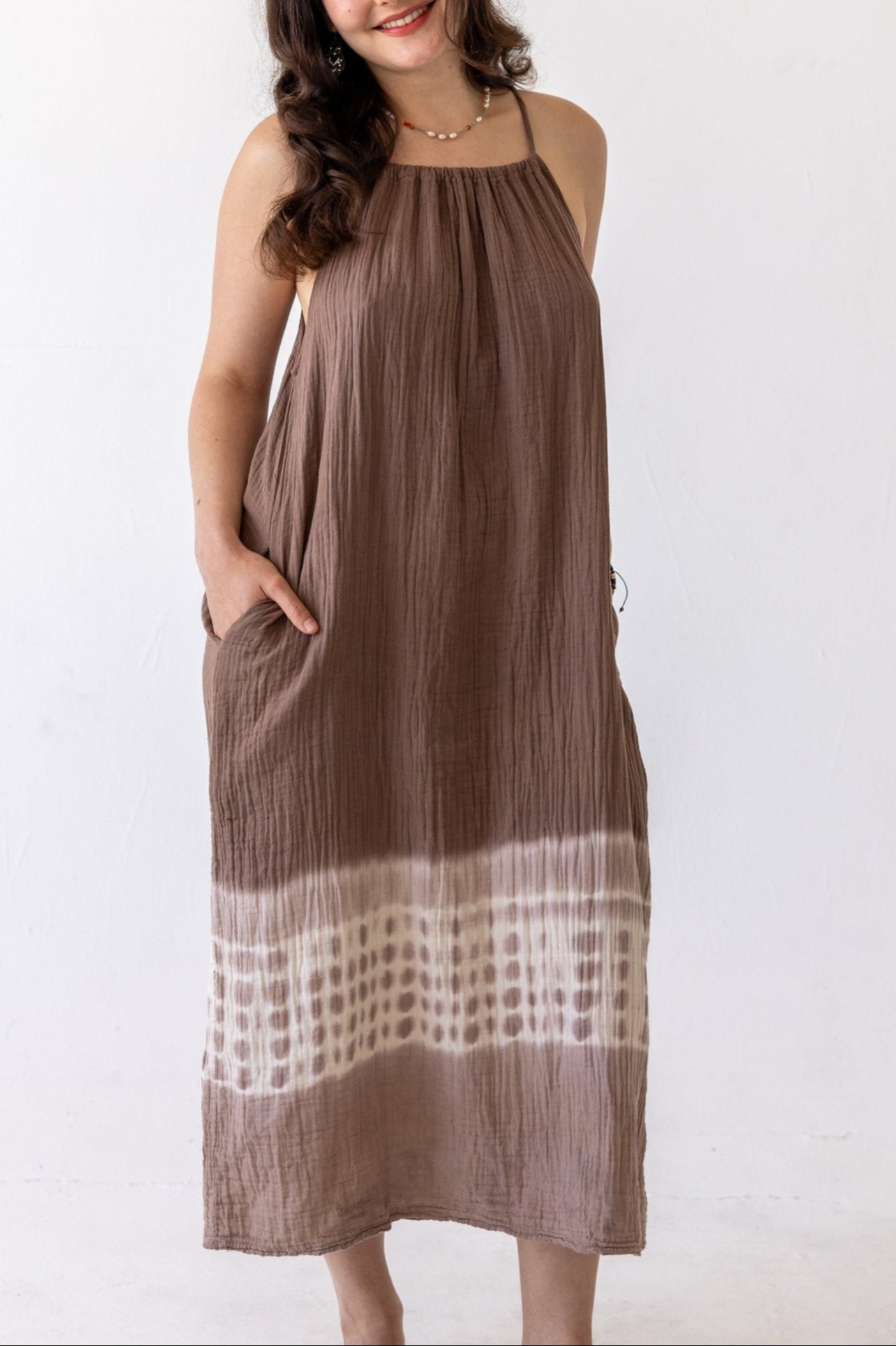 Ruched Neck Cotton Gauze Dress Tie Dye Blue / S/M Ruched Neck Cotton Gauze Dress Tie Dye Blue / S/M
