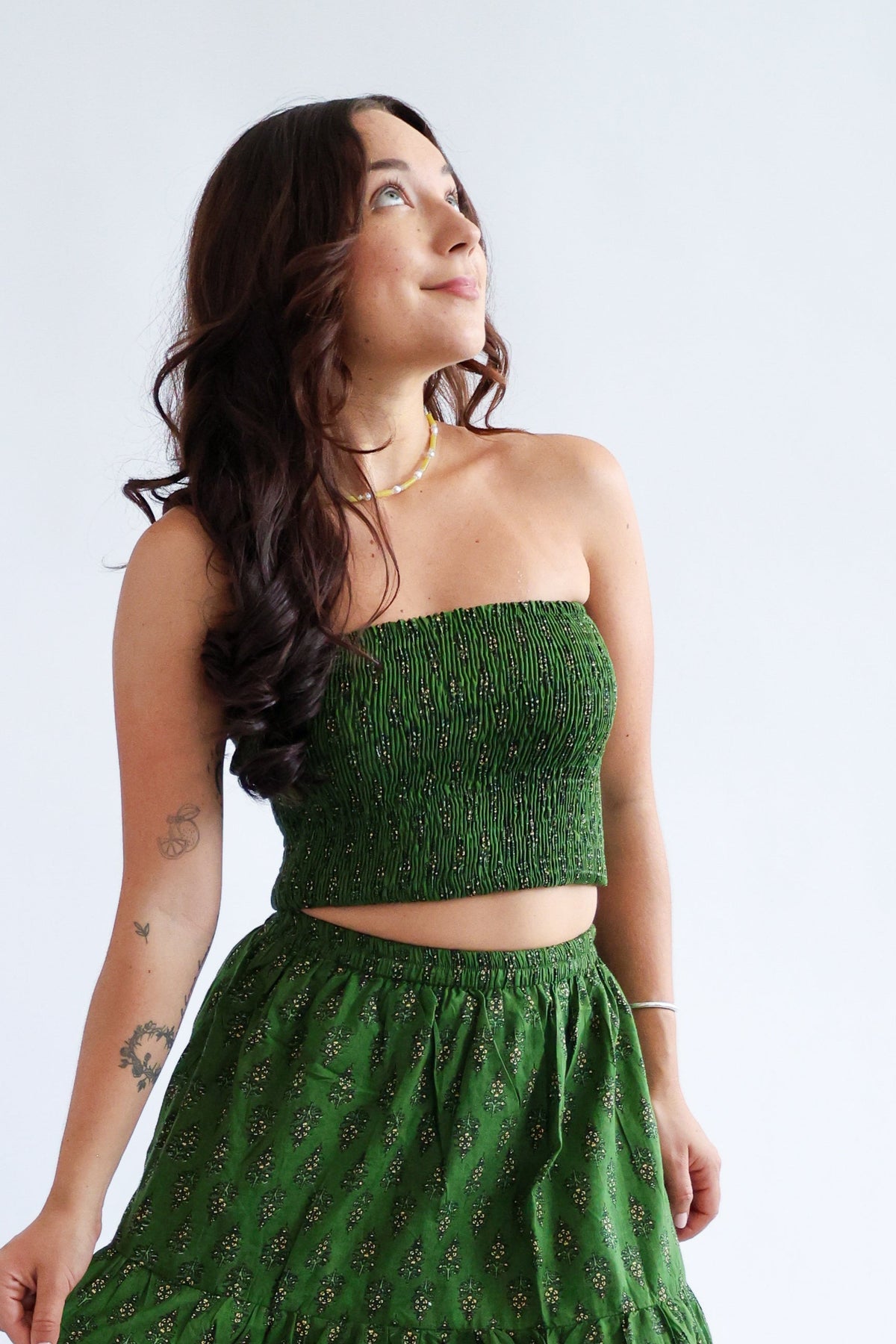The Haven Top - Shirred Block Printed Cotton Bandeau Top