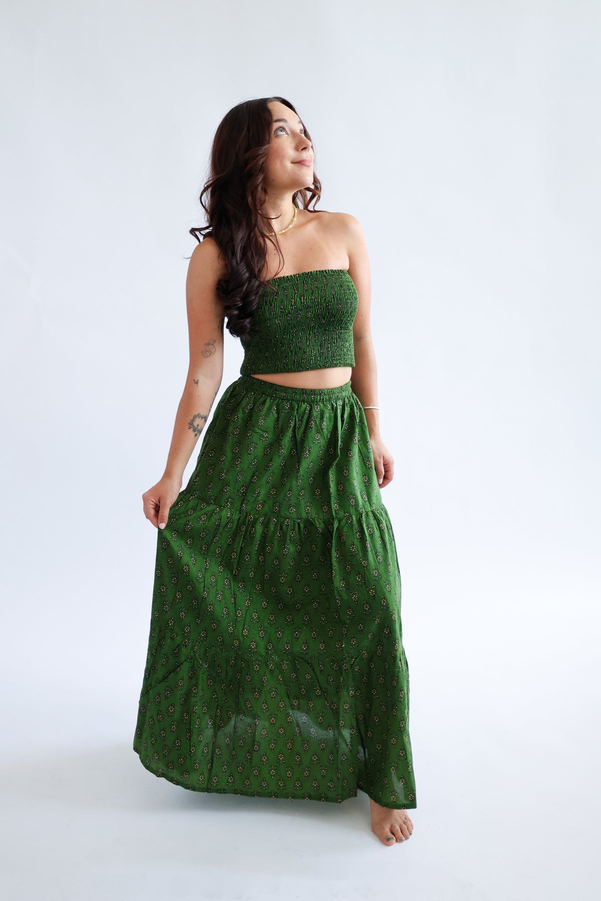 The Haven Skirt - Block Printed Tiered Cotton Maxi Skirt in Green