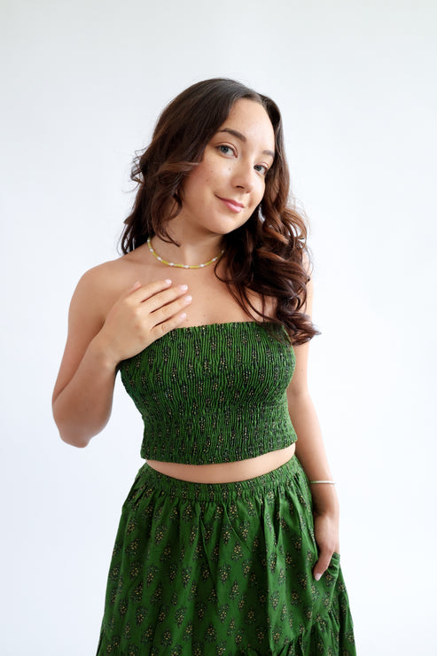The Haven Top - Shirred Block Printed Cotton Bandeau Top