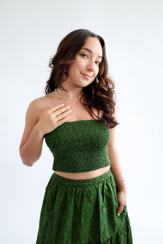 The Haven Top - Shirred Block Printed Cotton Bandeau Top