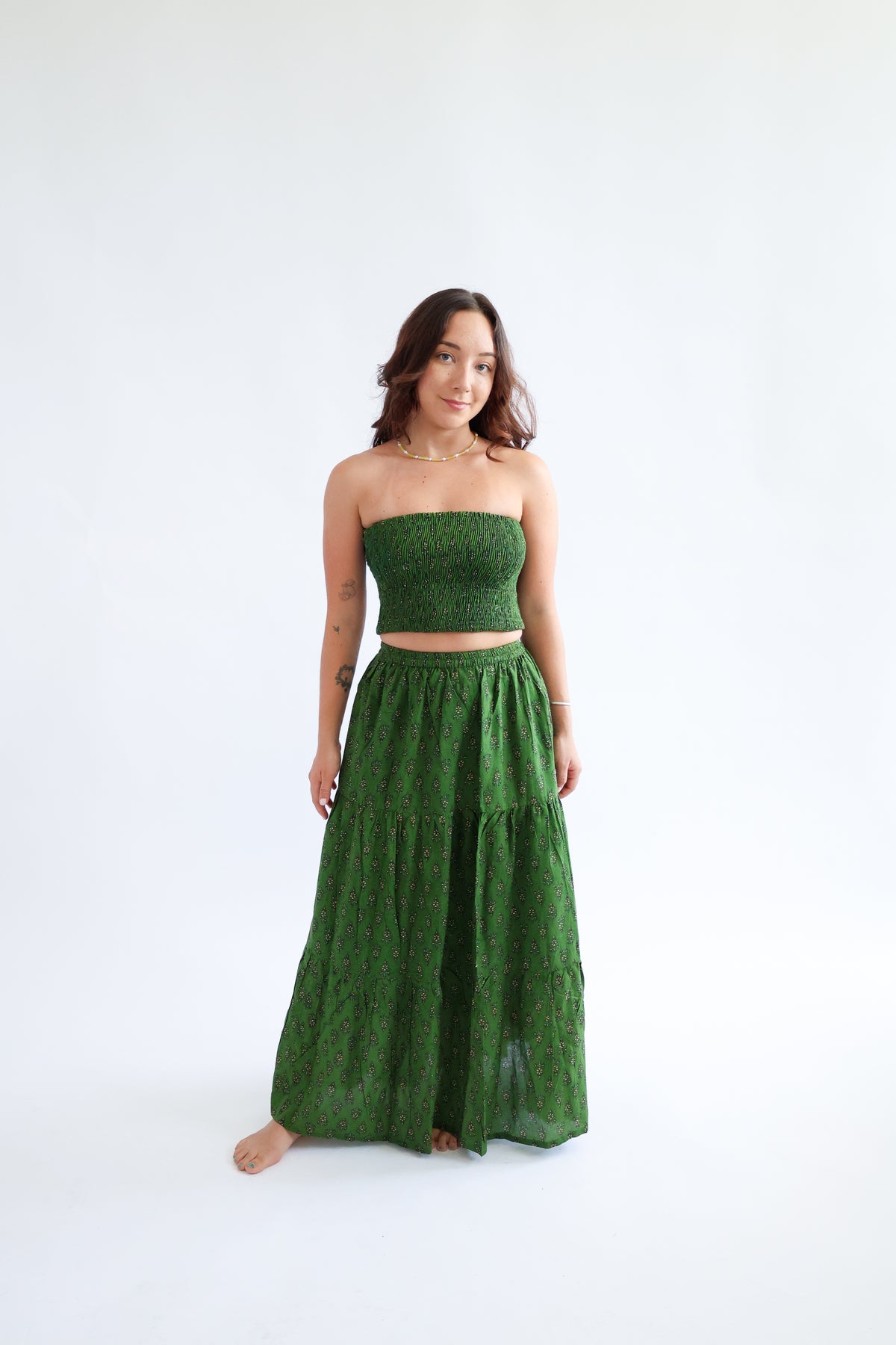 The Haven Skirt - Block Printed Tiered Cotton Maxi Skirt in Green