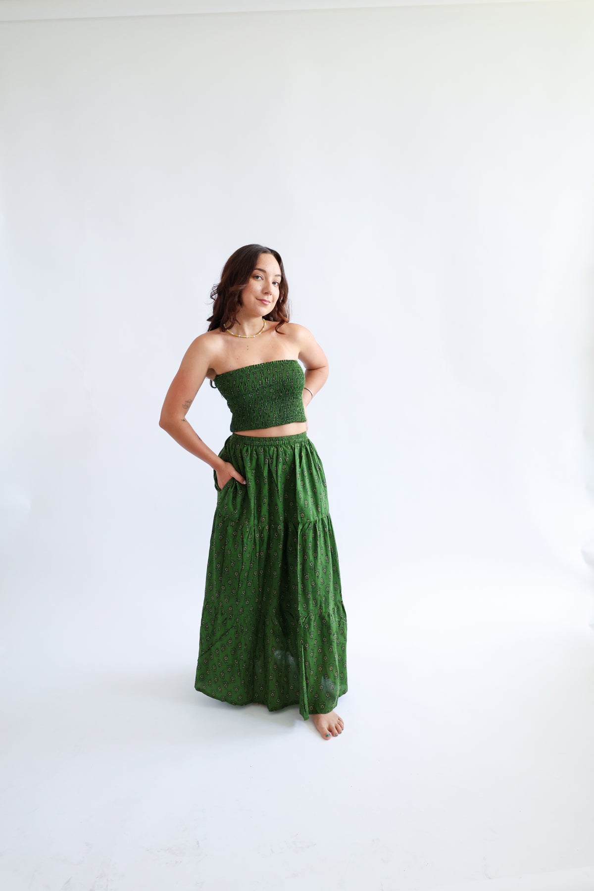 The Haven Skirt - Block Printed Tiered Cotton Maxi Skirt in Green
