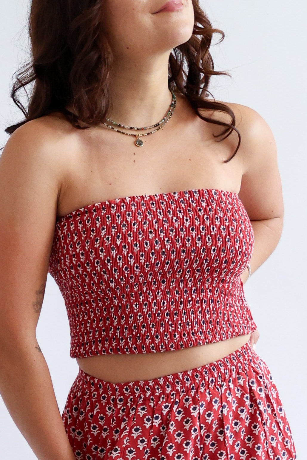 The Haven Top - Shirred Block Printed Cotton Bandeau Top