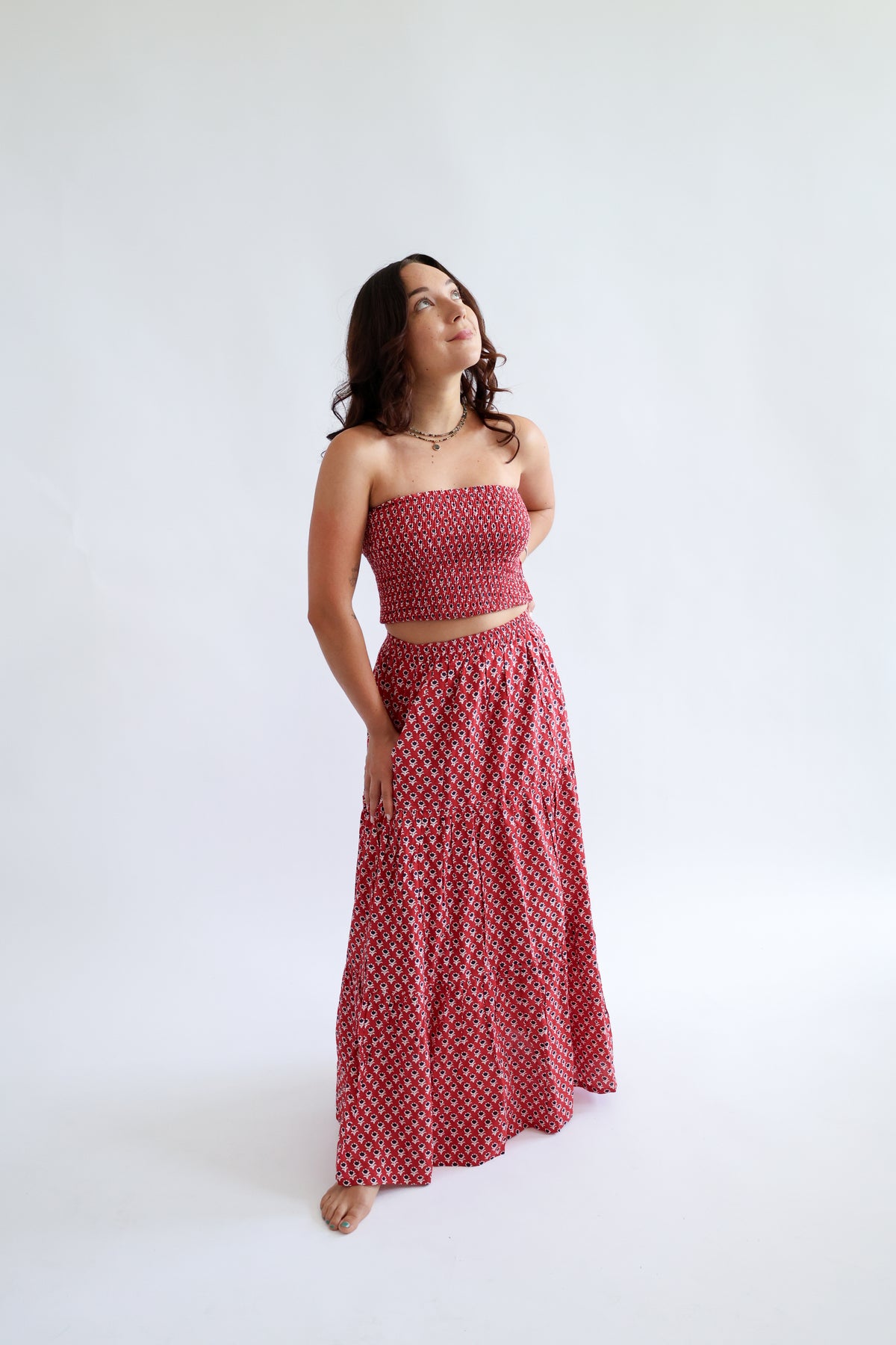 The Haven Top - Shirred Block Printed Cotton Bandeau Top in Red