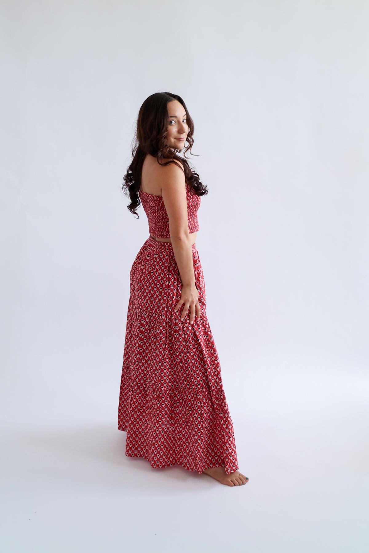 The Haven Skirt - Block Printed Tiered Cotton Maxi Skirt in Red