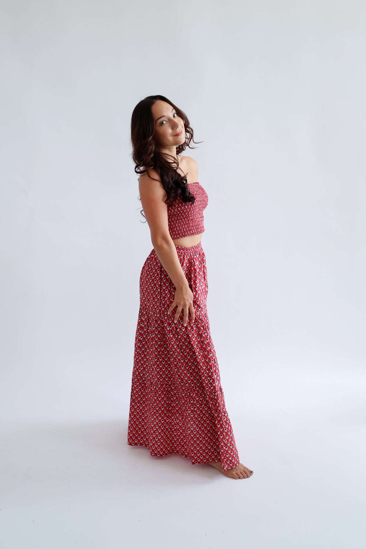 The Haven Skirt - Block Printed Tiered Cotton Maxi Skirt in Red