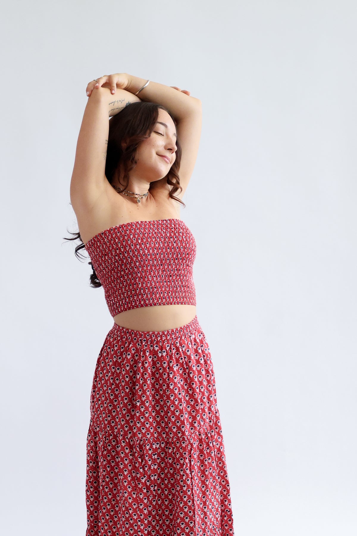 The Haven Top - Shirred Block Printed Cotton Bandeau Top in Red