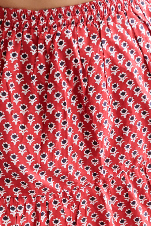 The Haven Top - Shirred Block Printed Cotton Bandeau Top in Red