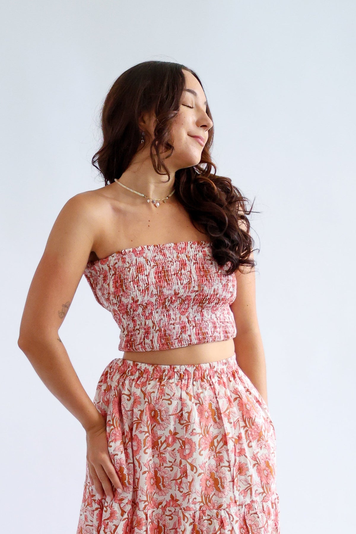 The Haven Top - Shirred Block Printed Cotton Bandeau Top
