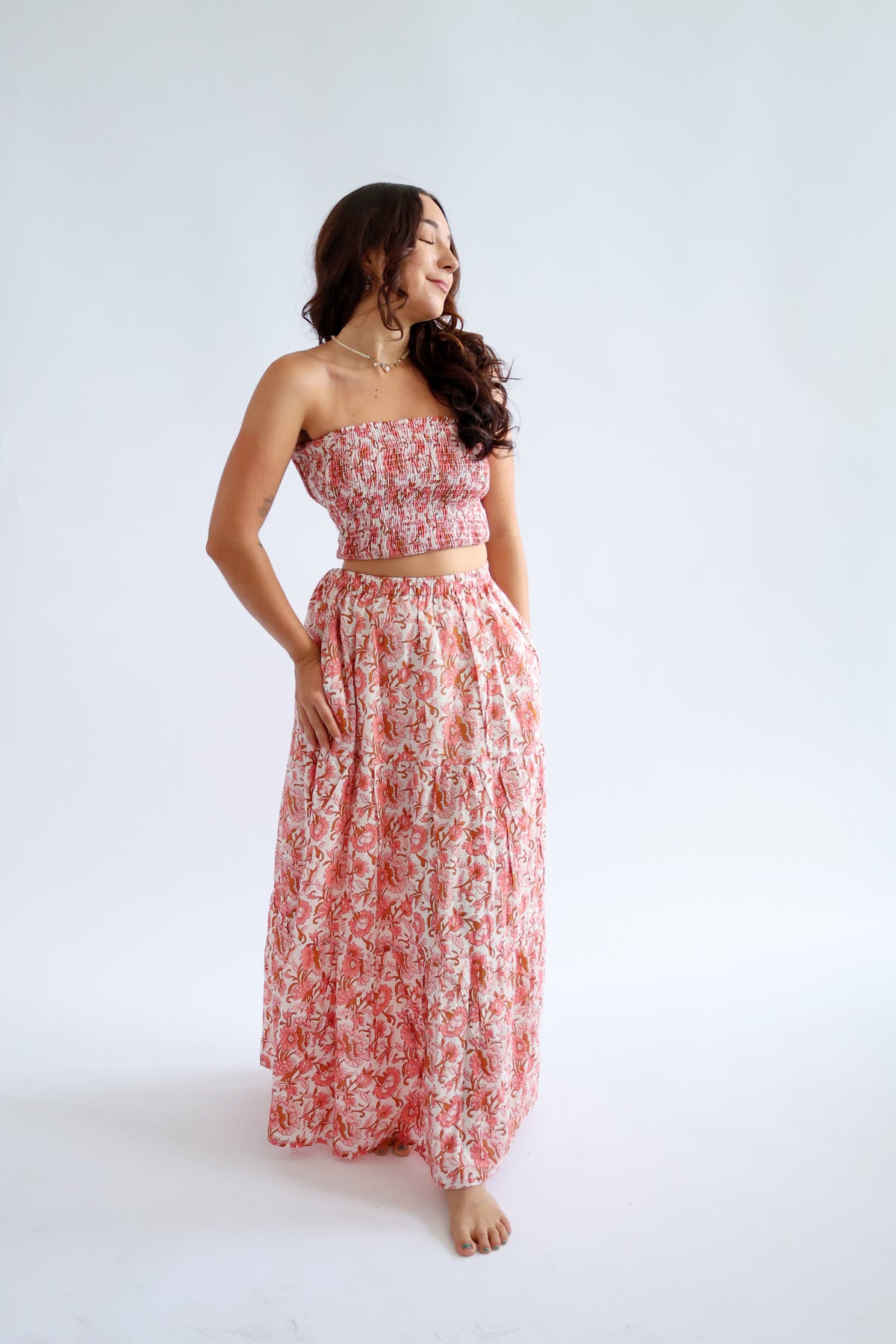 The Haven Top - Shirred Block Printed Cotton Bandeau Top in Pink