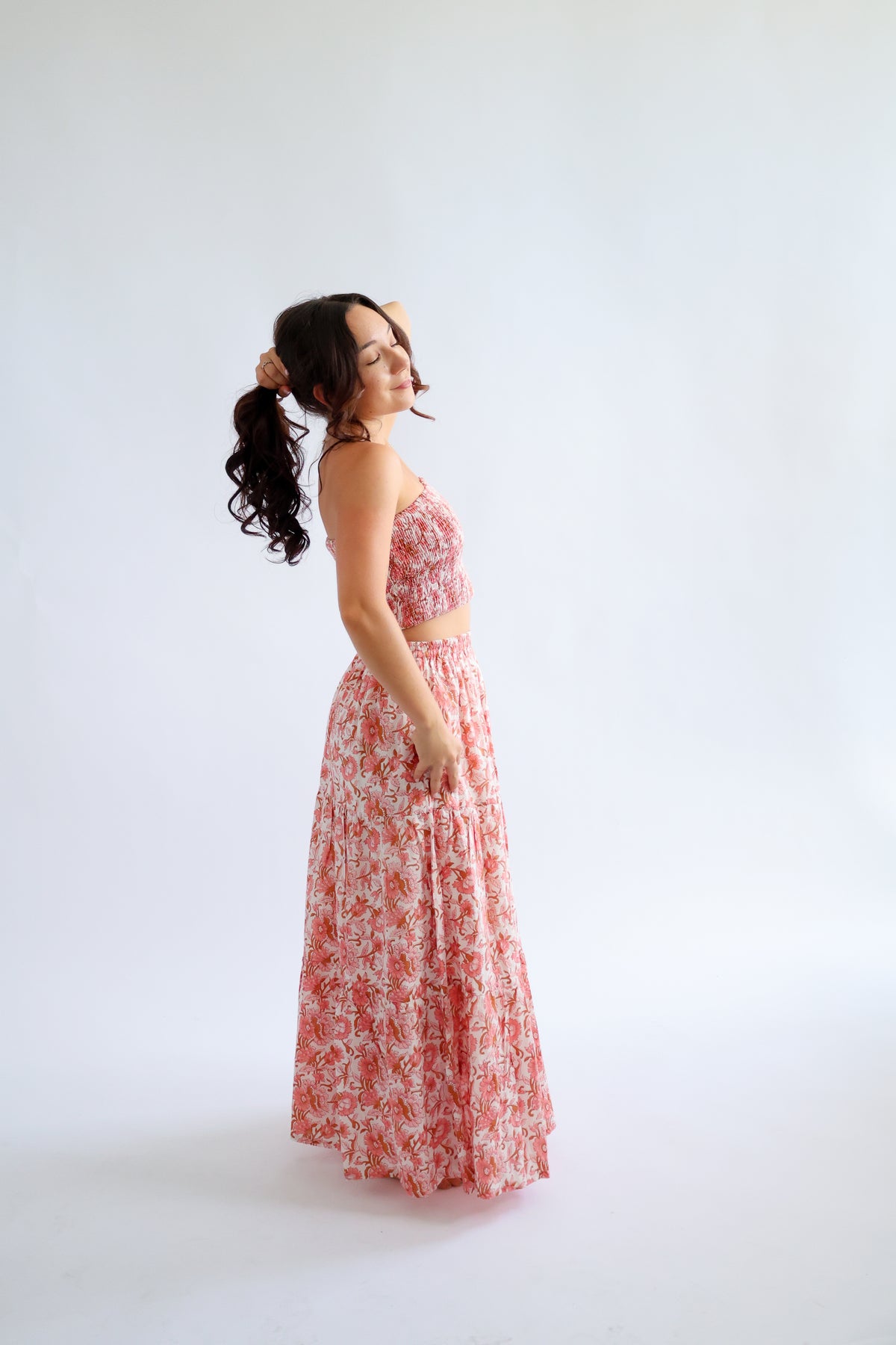 The Haven Skirt - Block Printed Tiered Cotton Maxi Skirt in Pink Multi