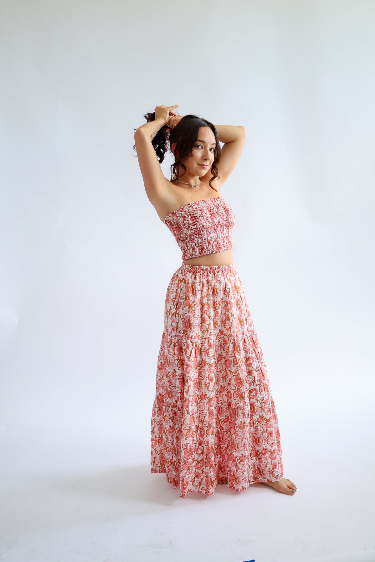 The Haven Top - Shirred Block Printed Cotton Bandeau Top in Pink