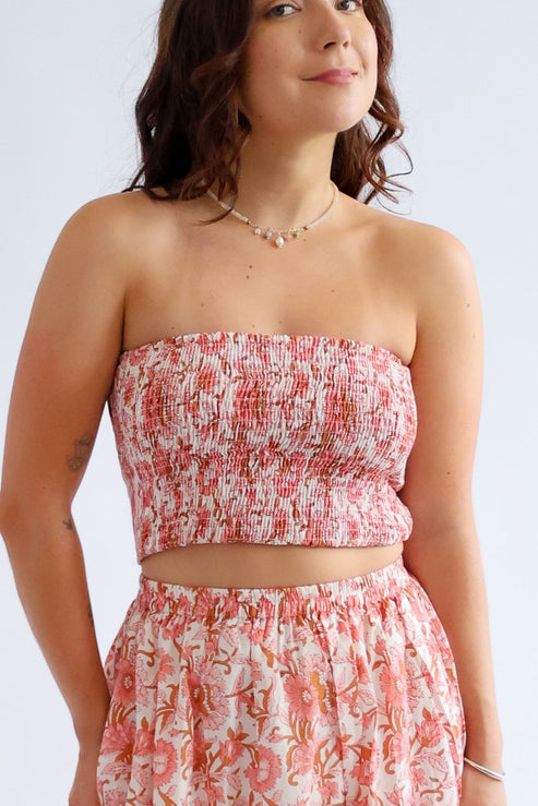 The Haven Top - Shirred Block Printed Cotton Bandeau Top