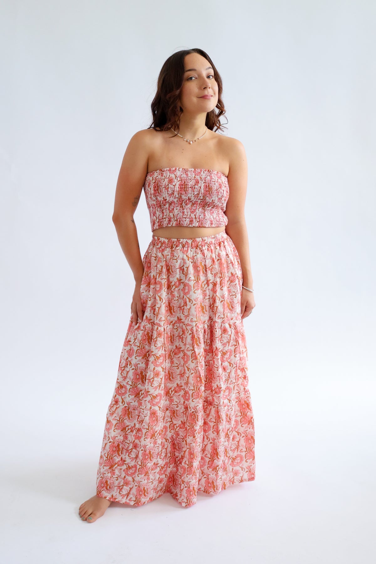 The Haven Skirt - Block Printed Tiered Cotton Maxi Skirt in Pink Multi