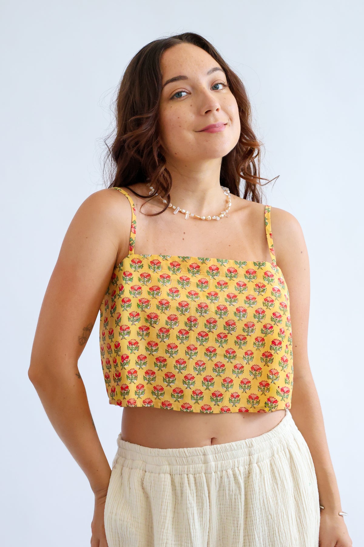 Square Neck Block Printed Cotton Cropped Tank Top