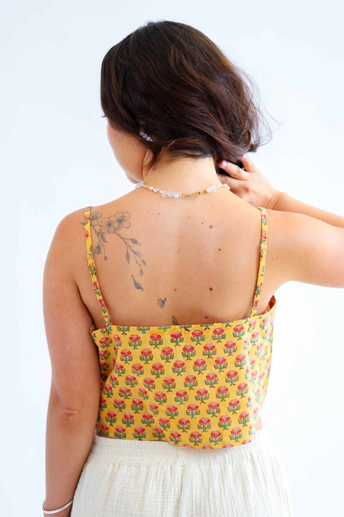 Square Neck Block Printed Cotton Cropped Tank Top