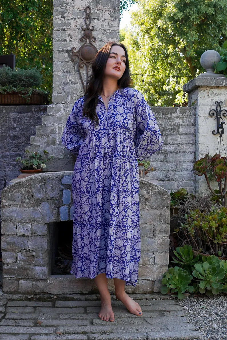 Sweetheart Block-Printed Cotton Midi Dress