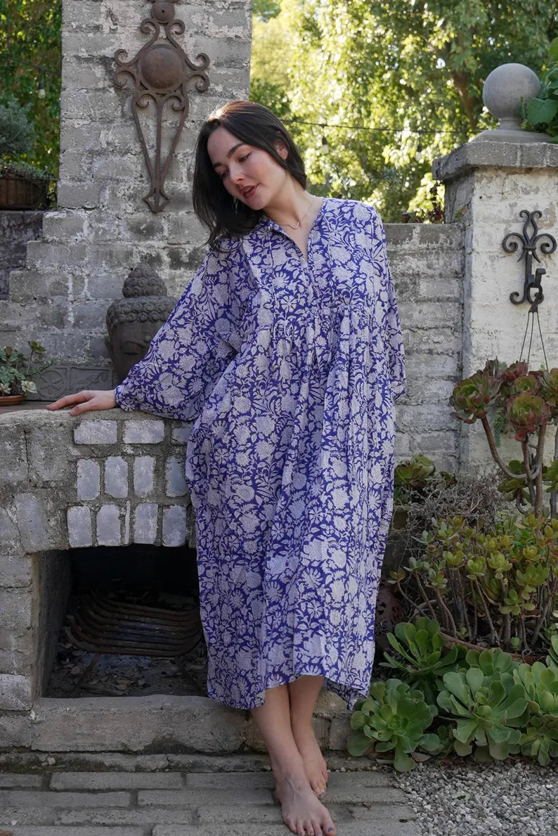 Sweetheart Block-Printed Cotton Midi Dress