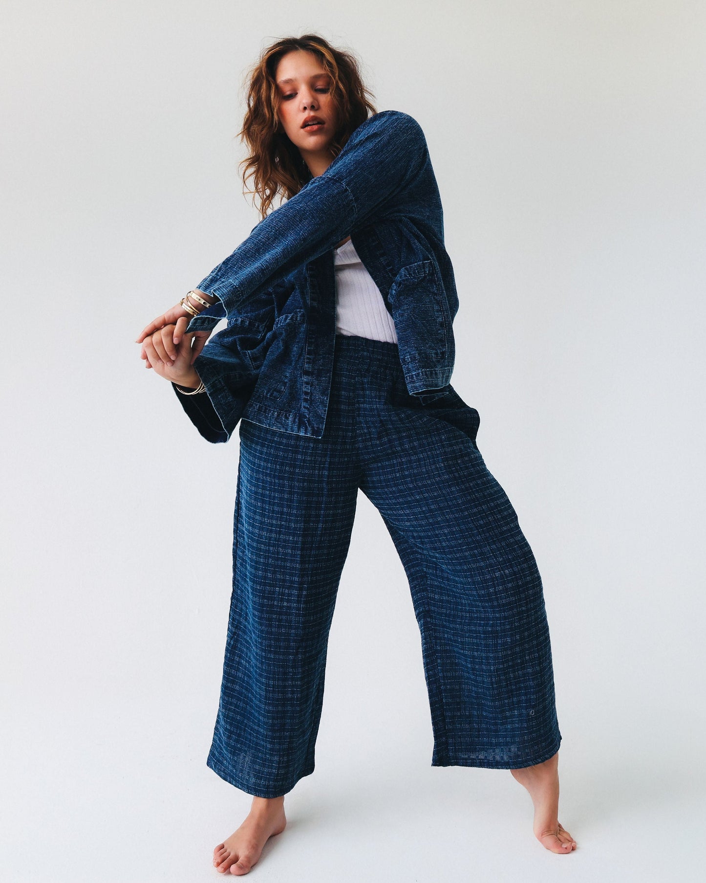 Indigo hand-dyed cotton kimono, open front — view 2