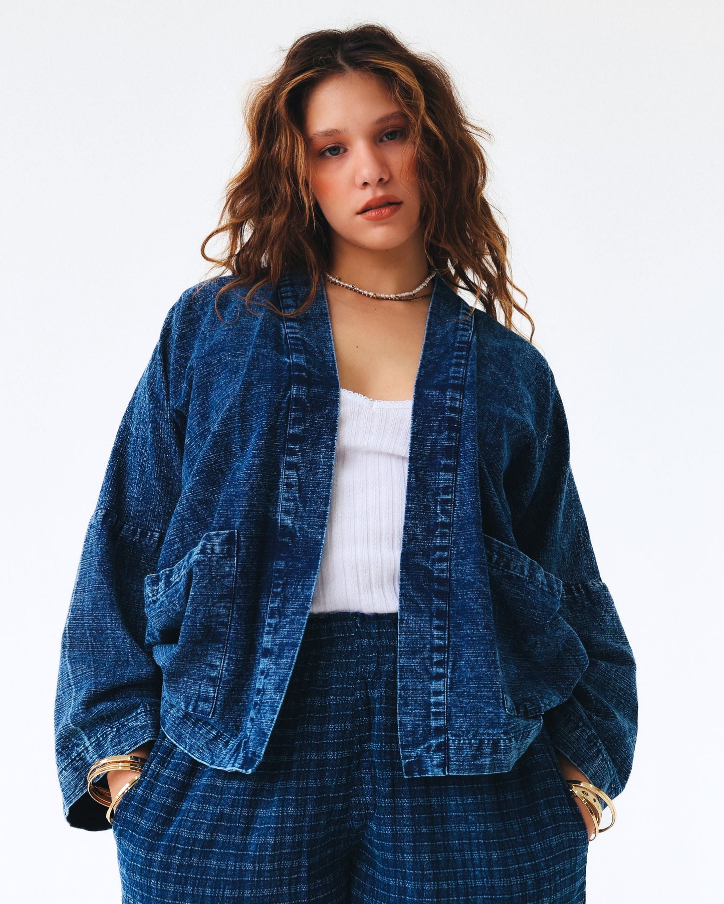 Indigo hand-dyed cotton kimono, open front — view 3