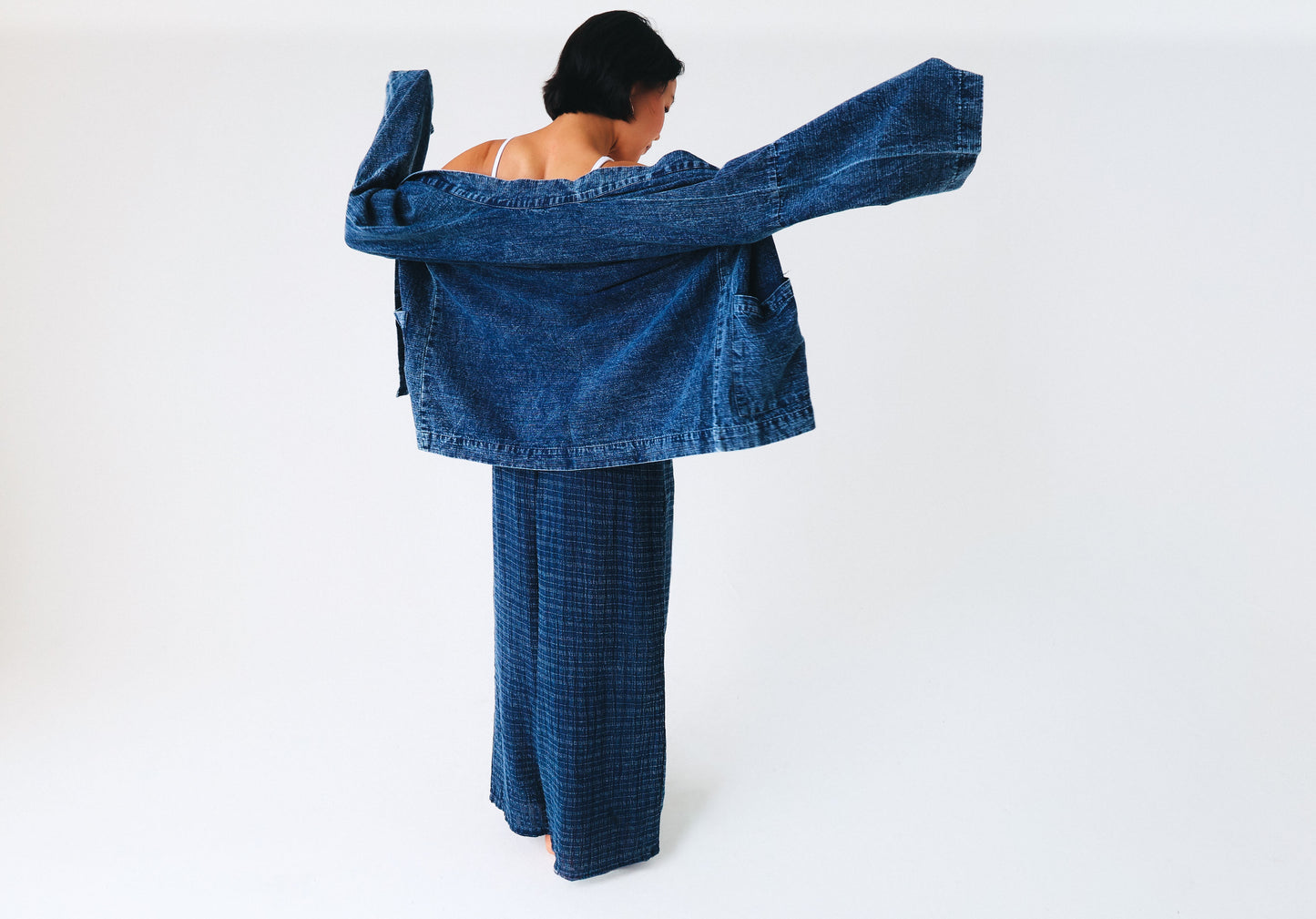 Indigo hand-dyed cotton kimono, open front — view 6