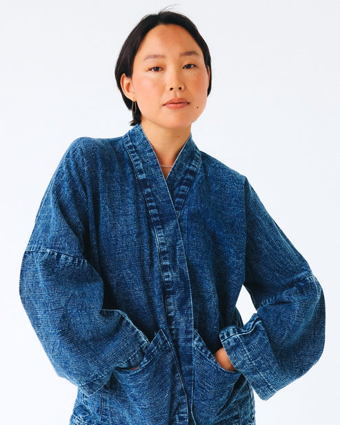 Indigo hand-dyed cotton kimono, open front