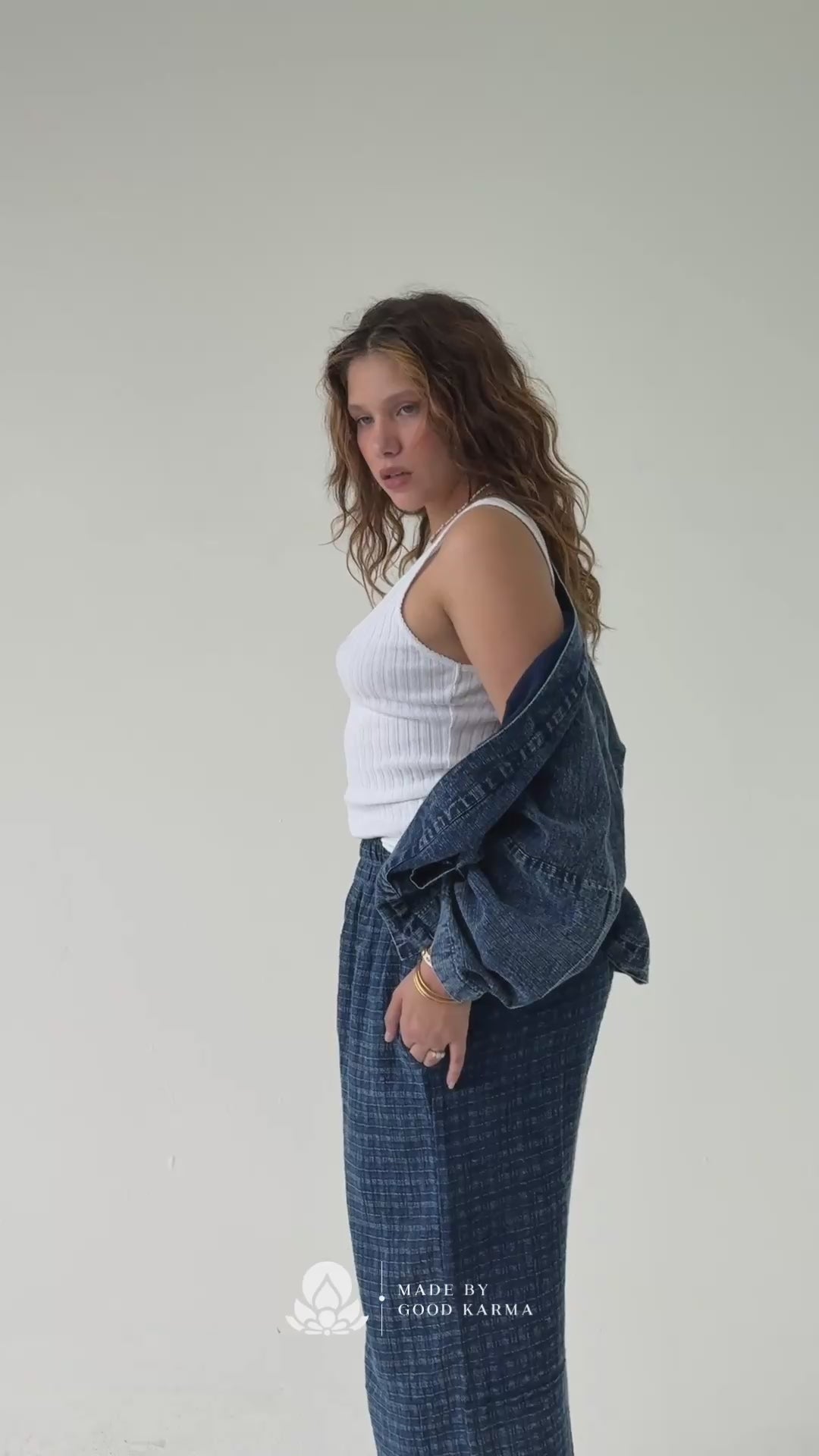 Indigo Stonewashed Gingham Cotton Cropped Pant