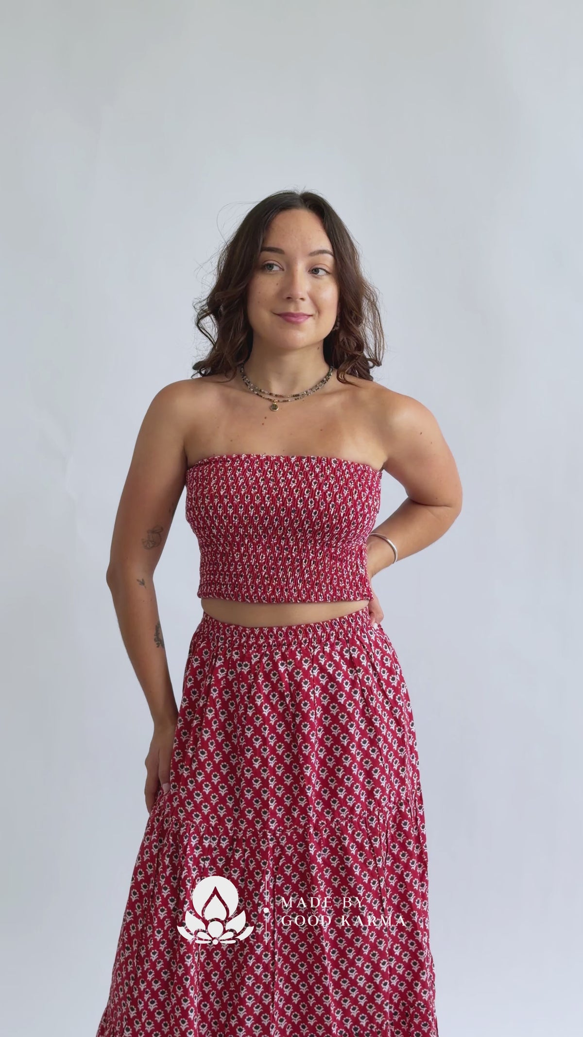 The Haven Top - Shirred Block Printed Cotton Bandeau Top in Red