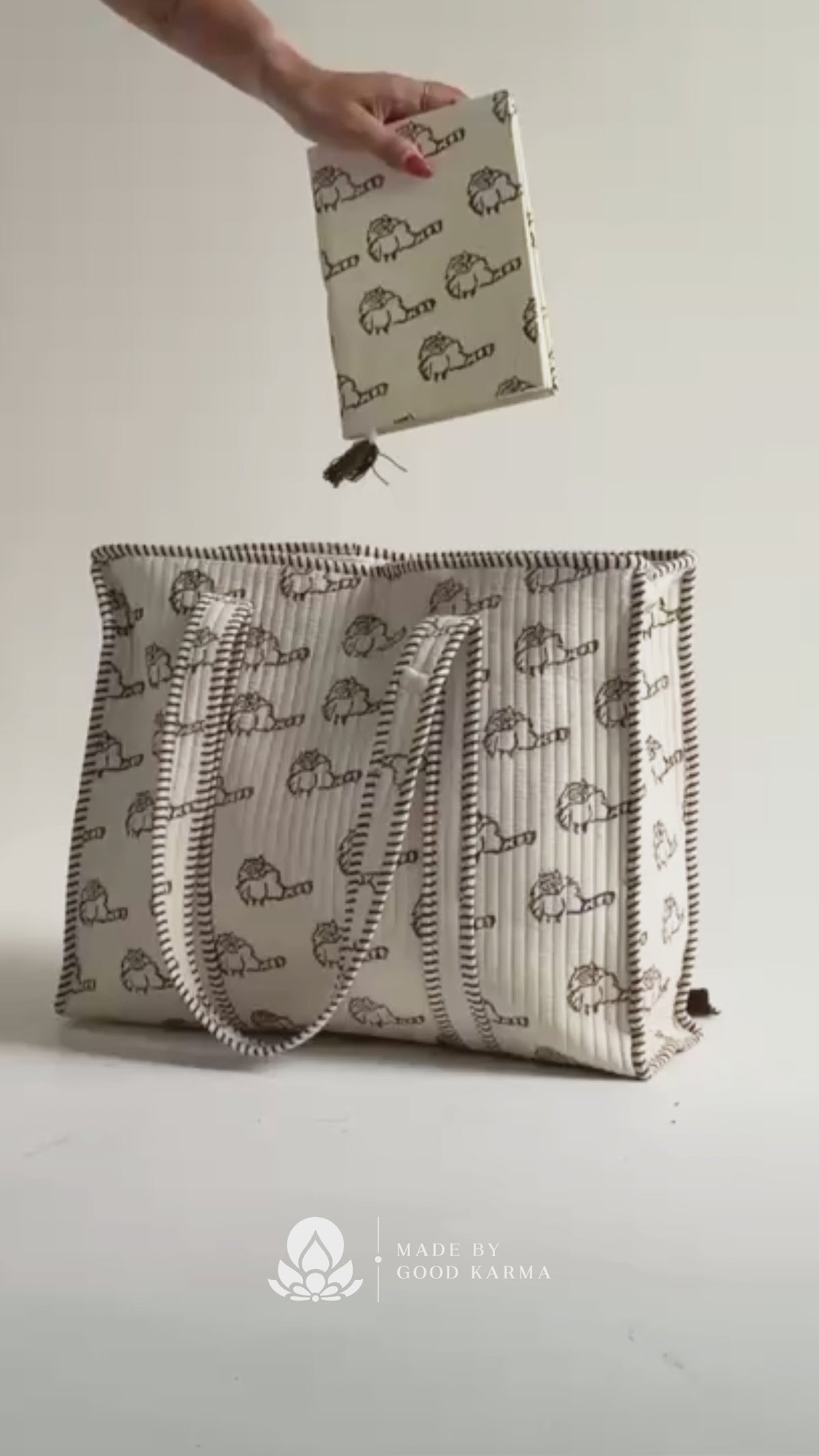 Hand Stamped Raccoon Quilted Tote Bag