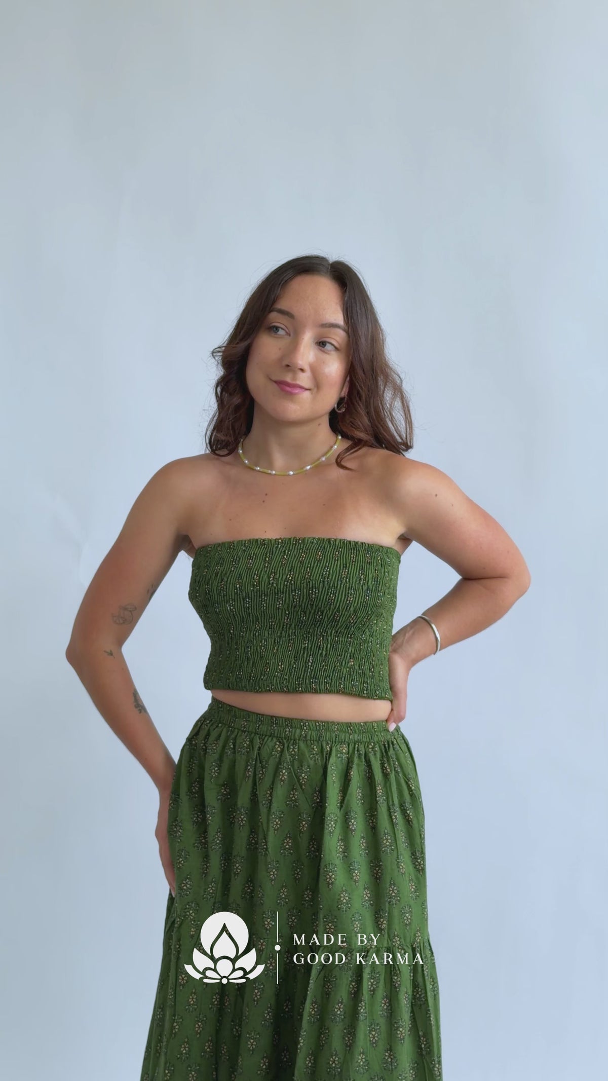 The Haven Skirt - Block Printed Tiered Cotton Maxi Skirt in Green